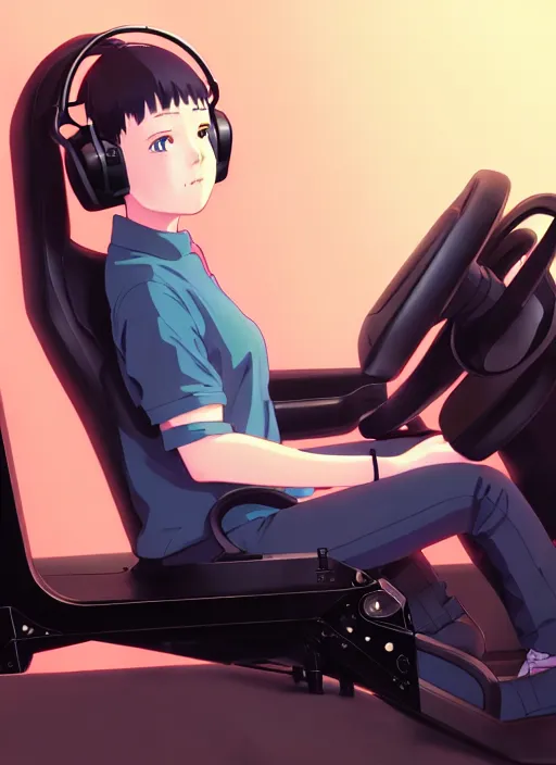 Prompt: portrait of girl driving on simracing simulator, personal room background, illustration concept art anime key visual trending pixiv fanbox by wlop and greg rutkowski and makoto shinkai and studio ghibli and kyoto animation, playseat evolution, long hair, symmetrical facial features, red headphones, thrustmaster t 3 0 0, small sf 1 0 0 0 steering wheel