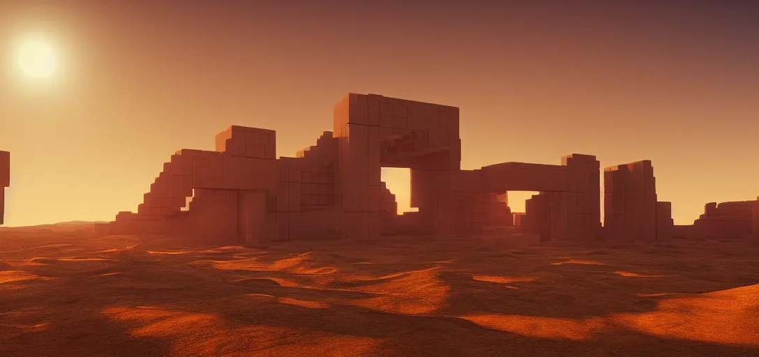 Image similar to view from the desert ground of futuristic blocky brutalist structure at sunset, glowing desert sun, heat haze, mirage, light rays, symmetry, cinematic lighting, ultra detailed, sharp, ambient occlusion, bloom, raytracing, by greg rutowski, finnian macmanus and jessica rossier