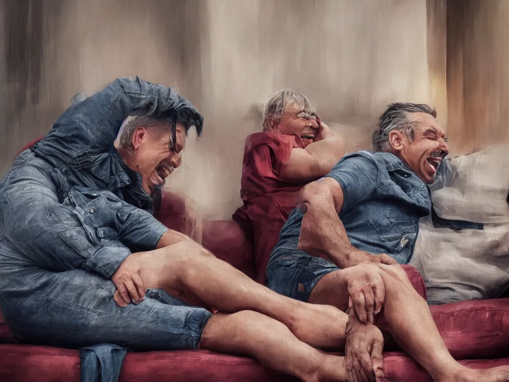 Image similar to detailed digital painting of till lindemann sits on the couch with grandmother and laughing by handoga, stunning scene, 4 k, realism, bright colors, trending on artstation