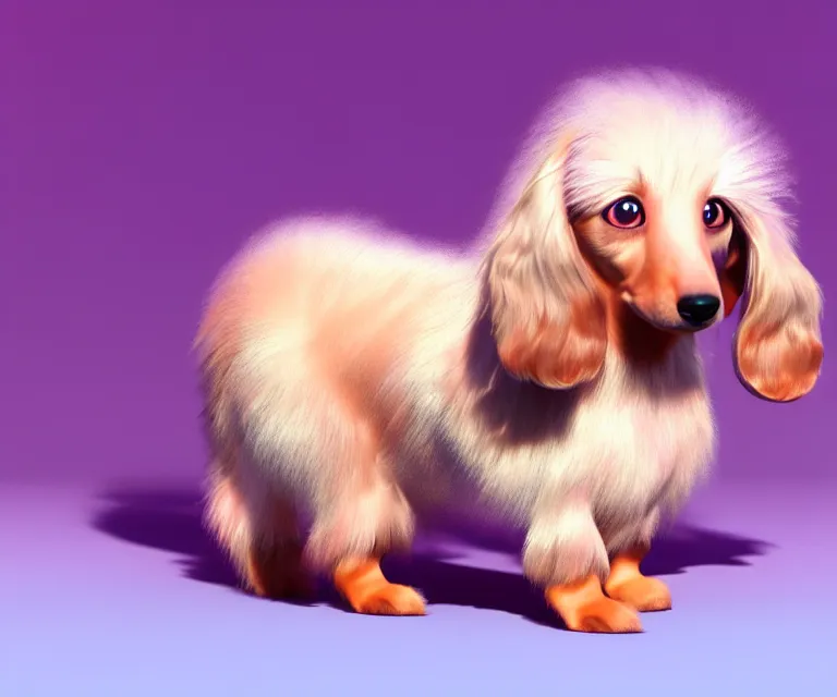 Image similar to high quality 3 d render hyperrealist very cute multipastel very fluffy dachshund, vray, smooth in the background, artstation, ultra detailed, octane render