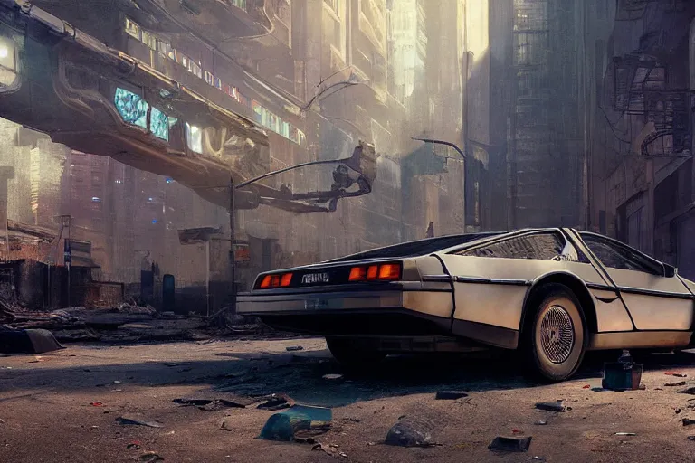 Image similar to highly detailed photorealistic rendering of a delorean parked on the streets of a cyberpunk abandoned city with the door open, futuristic post - apocalyptic vibe, by greg rutkowski and stanley artgerm and alphonse mucha, octane, sharp focus, hyperrealistic, unreal engine 5, vray, masterpiece