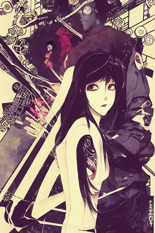 Prompt: professionally drawn shoujo mature cyberpunk detective horror romance manga comic cover full color, beautifully drawn coherent professional, drawn by ilya kuvshinov, ilya kuvshinov, alphonse mucha and tsutomu nihei. japanese script kanji hiragana on the cover. simplistic minimalist stylized cover art.