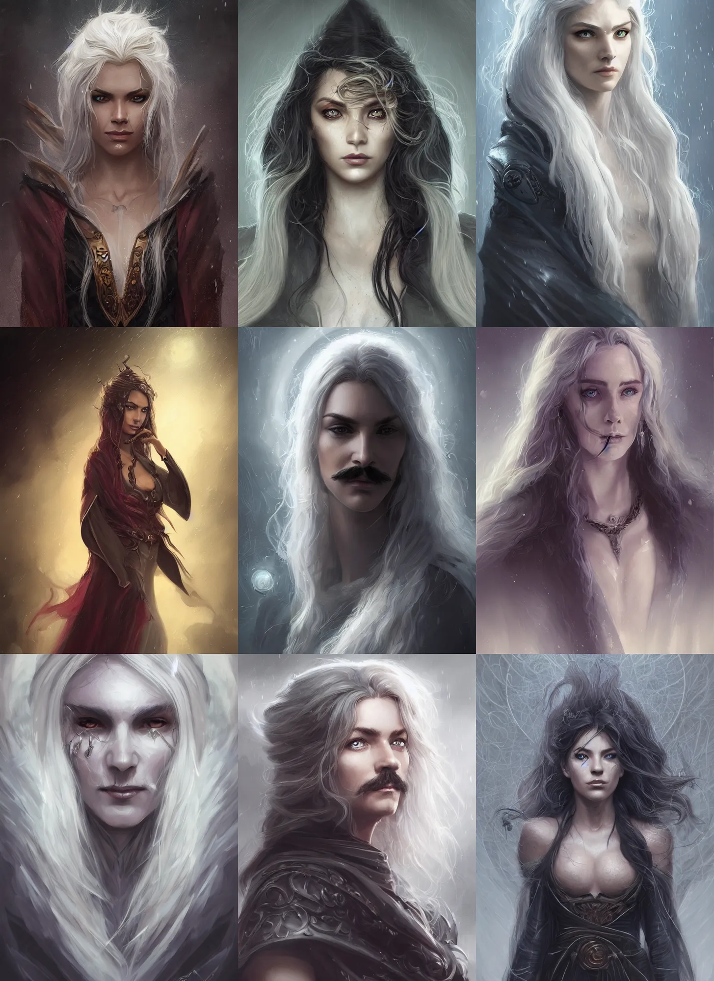 Prompt: portrait female warlock, storm, rain, ghost, long hair, beard, moustache, d&d, intricate, elegant, highly detailed, digital painting, artstation, concept art, smooth, sharp focus, illustration, daren bader, aleksi briclot, rutkowski, bouguereau