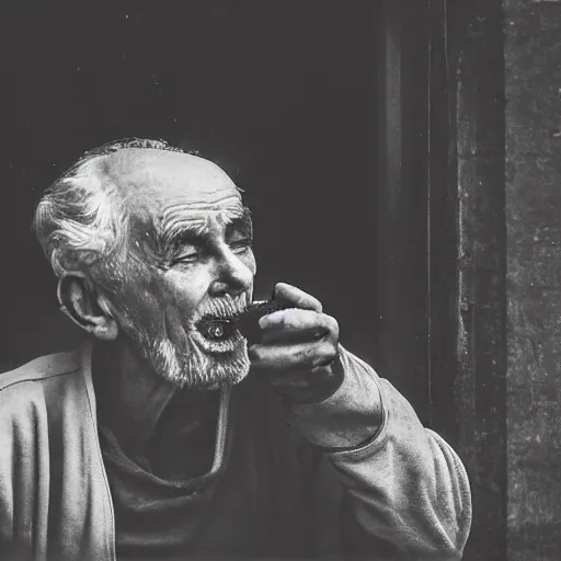 Image similar to an old man eating seen through a window