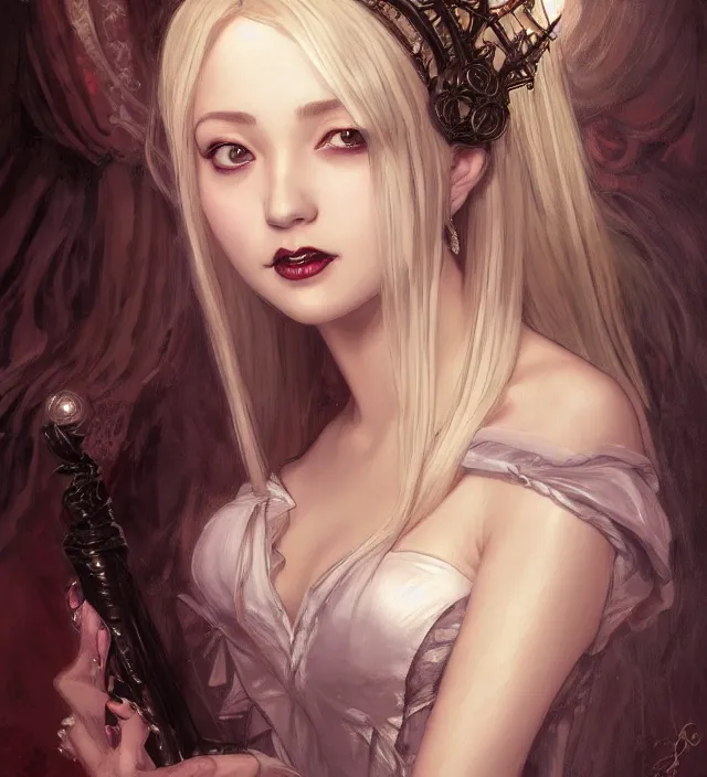 Image similar to portrait of of young beautiful female princess, d & d, centered face, gothic dress, elegant, shiny lips, flat lighting, intricate, highly detailed, digital painting, artstation, concept art, smooth, sharp focus, illustration, closeup, misa amane, art by simon bisley and greg rutkowski and alphonse mucha, natural tpose