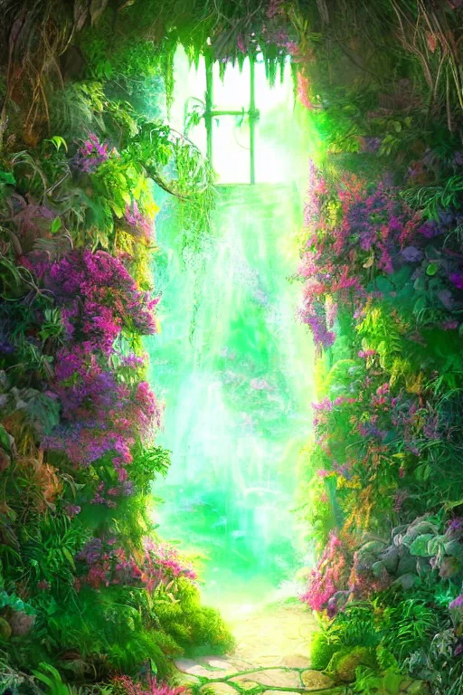 Image similar to digital painting of a secret garden through a doorway, concept art, artstation, vaporwave, nature, lush, greenery, fantasy, fantasy aesthetic, fantasy vibe, colorful, faded effect, artstation, trending, detailed, small details, scenery,