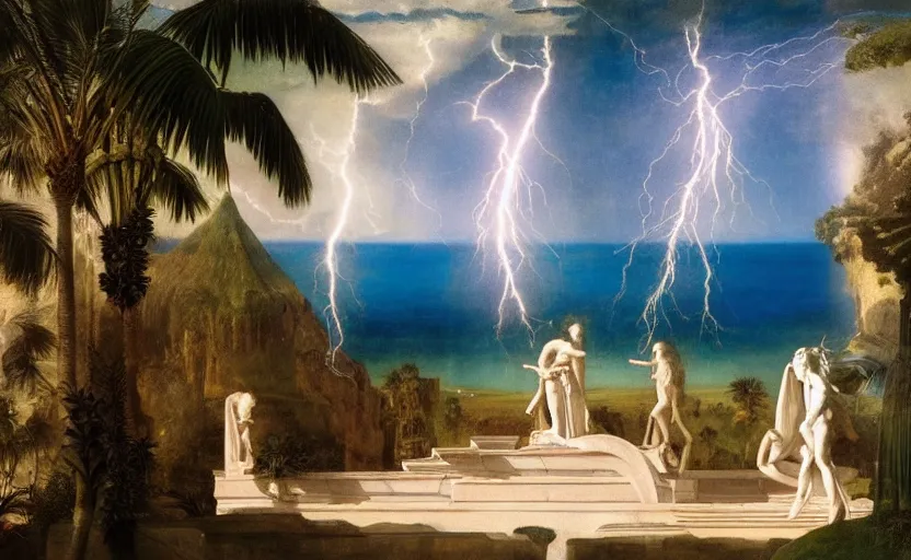 Image similar to Palace of the occult, mediterranean balustrade and columns, refracted sparkles, thunderstorm, greek pool, beach and Tropical vegetation on the background major arcana sky and occult symbols, by paul delaroche, hyperrealistic 4k uhd, award-winning, very detailed paradise