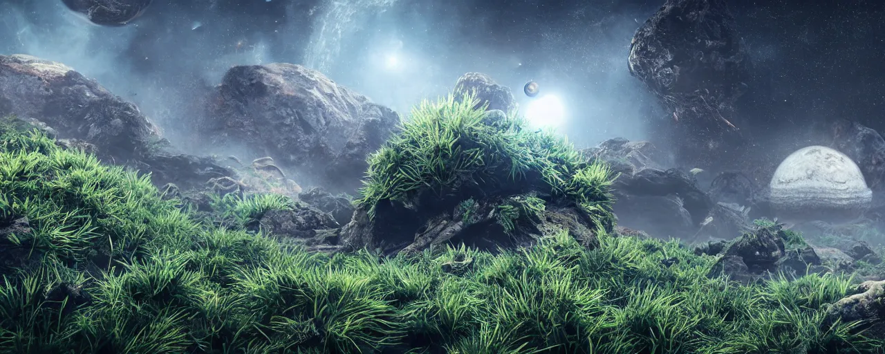 Prompt: ” outer planet with strange alien vegetation, [ colourful, cinematic, detailed, epic, widescreen, opening, establishing, mattepainting, photorealistic, realistic textures, octane render ] ”