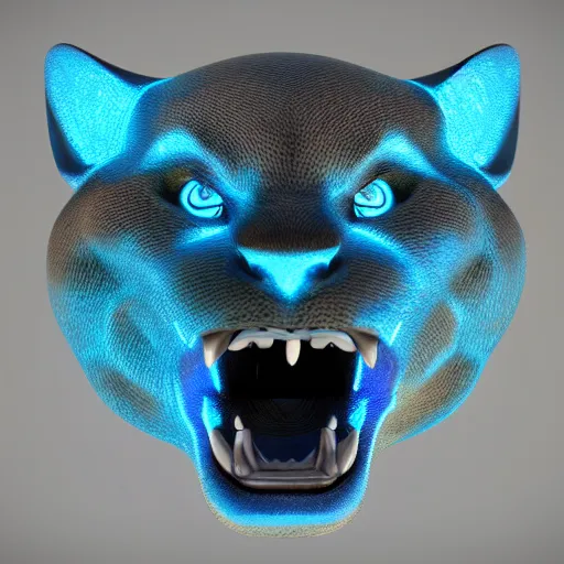 Image similar to jaguar sculpture with glowing blue eyes, octane render