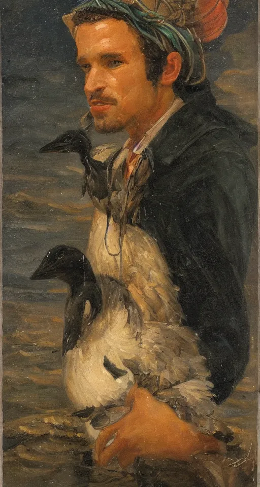 Image similar to romantic portrait painting of a fisherman with a cormorant on his shoulders, in romantic style, sfumato