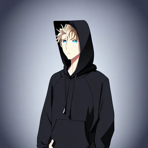 Prompt: dark blonde anime guy with blue eyes wearing a black hoodie, profile picture, smooth lines, digital art, japan
