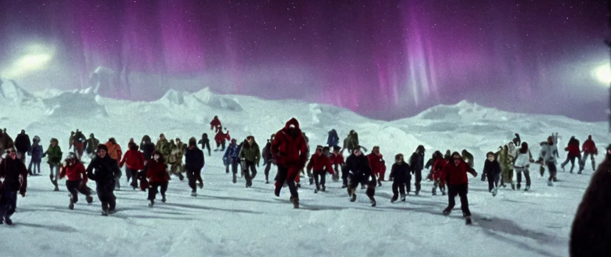 Image similar to filmic extreme wide shot movie still 4 k uhd exterior shot 3 5 mm film color photograph of a crowd of people people running in terror around a village in the antarctic at night with the northern lights lighting up the sky, in the style of the horror film the thing 1 9 8 2