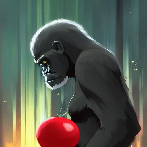 Image similar to gorilla wearing a black shirt, holding a red mushroom, landscape illustration concept art anime key visual trending pixiv fanbox by wlop and greg rutkowski and makoto shinkai and studio ghibli and kyoto animation