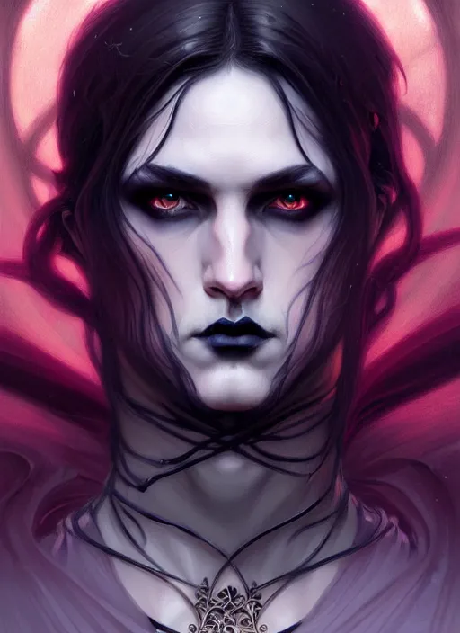 Image similar to beautiful goth ethereal male portrait, art nouveau, fantasy, intricate arcane wiccan designs, elegant, highly detailed, digital painting, artstation, concept art, matte, sharp focus, illustration, art by Artgerm and Greg Rutkowski and WLOP