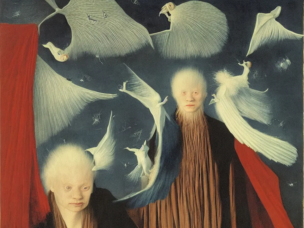 Image similar to Portrait of albino mystic with blue eyes, with beautiful exotic white fluffy bat, long antennae, giant ears. Night, fireflies. Painting by Jan van Eyck, Audubon, Rene Magritte, Agnes Pelton, Max Ernst, Walton Ford