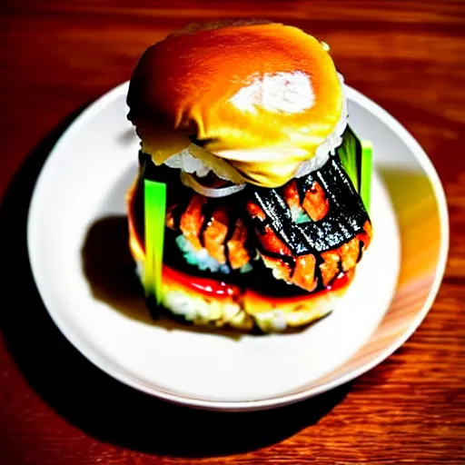 Image similar to The ultimate sushi-burger with extra unagi on a hand carved cherrywood plate. Perfect photography.