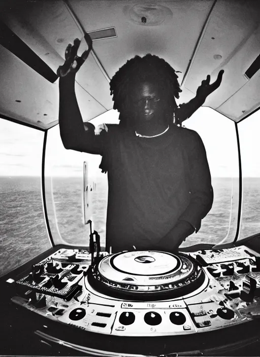 Prompt: a analogue photo of an African tribal dj entertaining a crowd on spaceship, view of planet earth seen from porthole window, wide angle, grungy