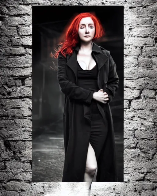 Prompt: A detailed matte painting of a redhaired woman in a black trenchcoat smoking a cigarette leaning against a brick wall in a dark alley at night. trending on deviantart, film noire, seductive, realistic proportions.