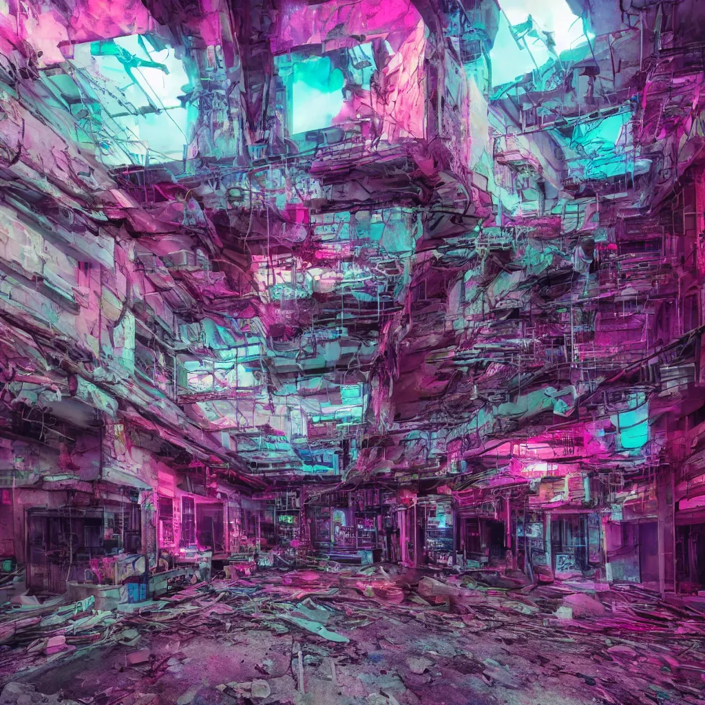 Image similar to urbex, vaporwave synthwave cyberpunk psychedelic