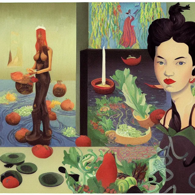 Image similar to tall female catgirl artist holding vegetables in her flooded kitchen, pomegranates, octopus, water gushing from ceiling, painting of flood waters inside an artist's apartment, a river flooding indoors, candles, ikebana, zen, rapids, waterfall, black swans, canoe, berries, acrylic on canvas, surrealist, by magritte and monet