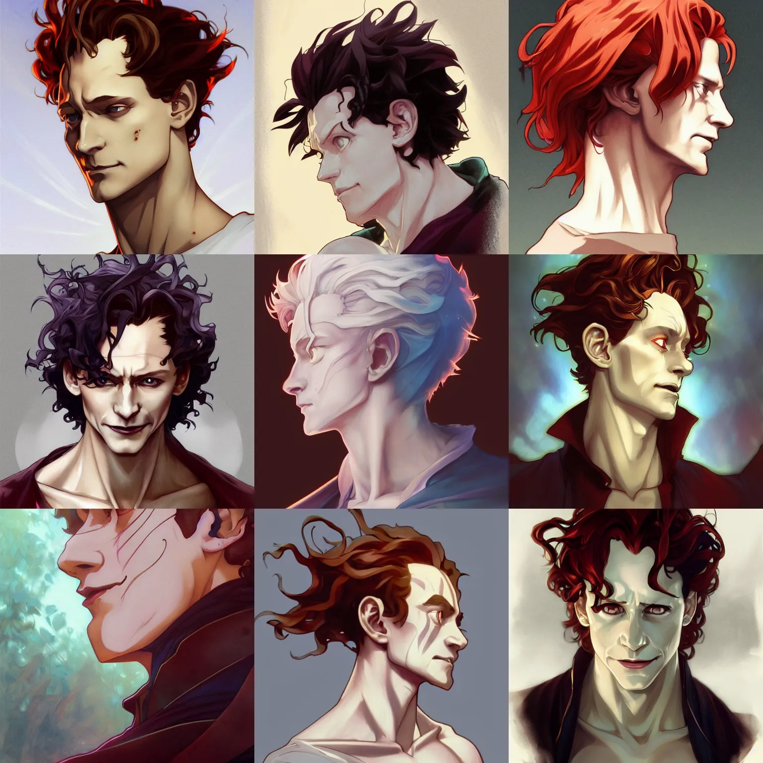 Prompt: hisoka, young tom hiddleston, cel - shaded animesque art by artgerm and greg rutkowski and alphonse mucha, smooth white skin, smirking face, reddish hair, d & d, fantasy, portrait, highly detailed, side profile, digital painting, trending on artstation, concept art, sharp focus, illustration