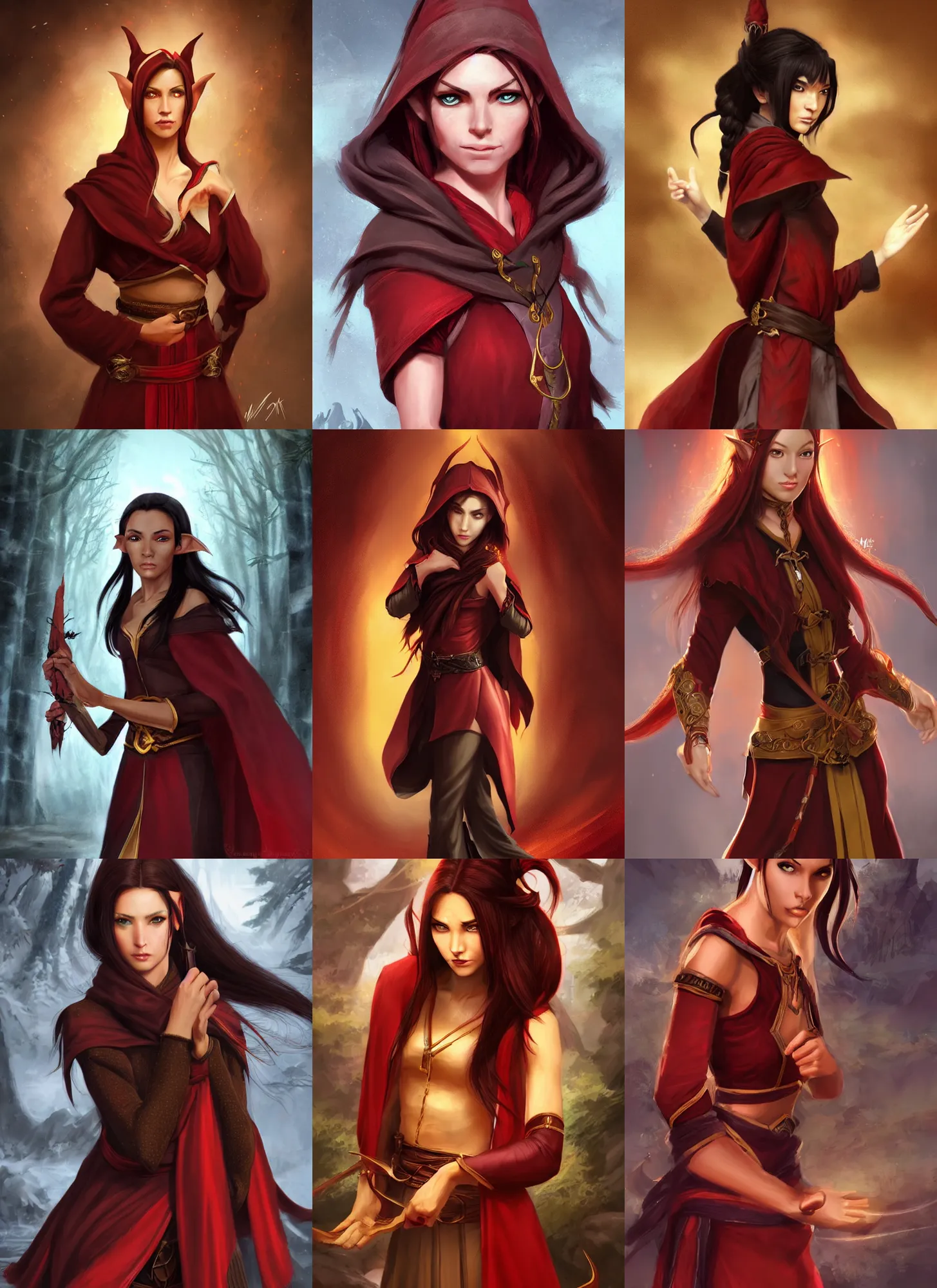 Prompt: beautiful female half elf monk, young, full body black and red longcoat, fisting, detailed face, brown hair, short ponytail, golden eyes, brown skin, high fantasy, high detail, smooth, digital illustration, by michael komarck