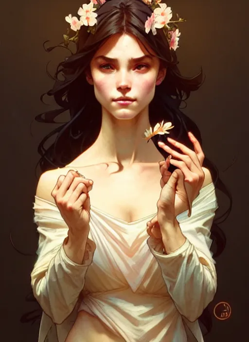 Image similar to dainty wilder face, incredibly detailed face, pretty face, light dress, true anatomy, art by artgerm and greg rutkowski and alphonse mucha