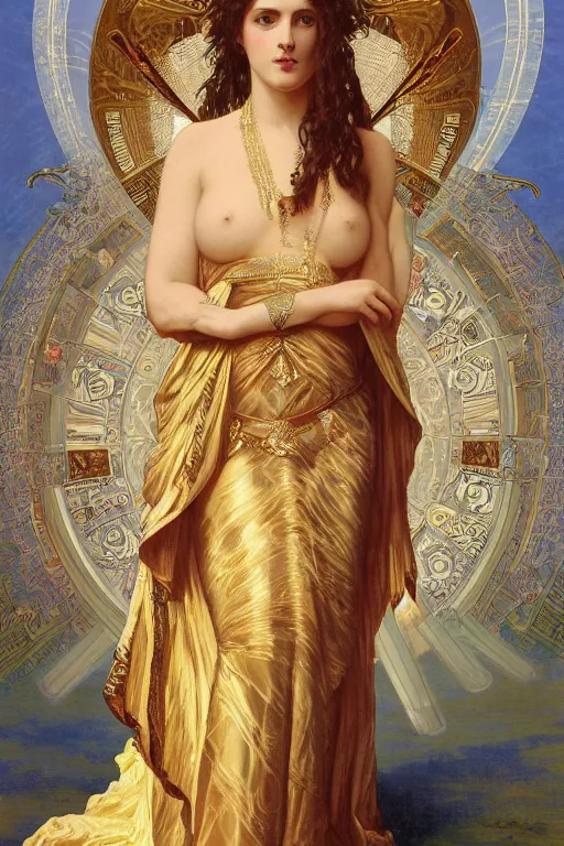 Image similar to Portrait of historically accurate, biblical, sneering, young, wicked, terrible, evil, pagan, beautiful, queen jezebel of ancient Israel, wearing gilded robes, long hair, intricate, elegant, highly detailed, masterpiece, illustration, art by artgerm and greg rutkowski and alphonse mucha and Wayne Barlowe and william-adolphe bouguereau, highly detailed, trending on artstation, award winning