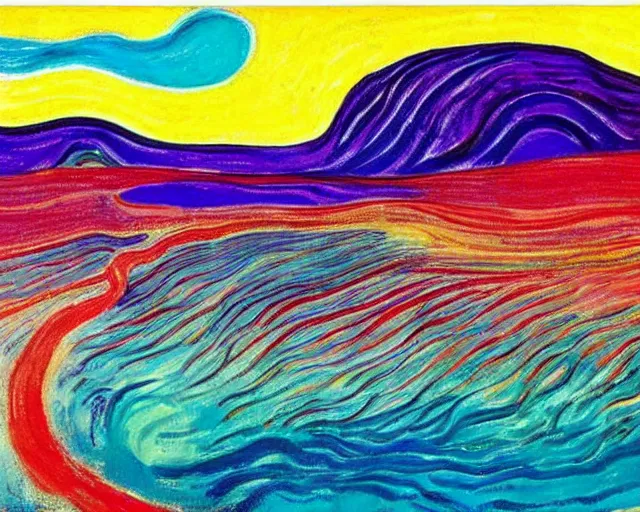 Image similar to Ocean waves in a psychedelic dream world. DMT. Curving rivers. Craggy mountains. Landscape painting by Edvard Munch. David Hockney. Wayne Thiebaud.