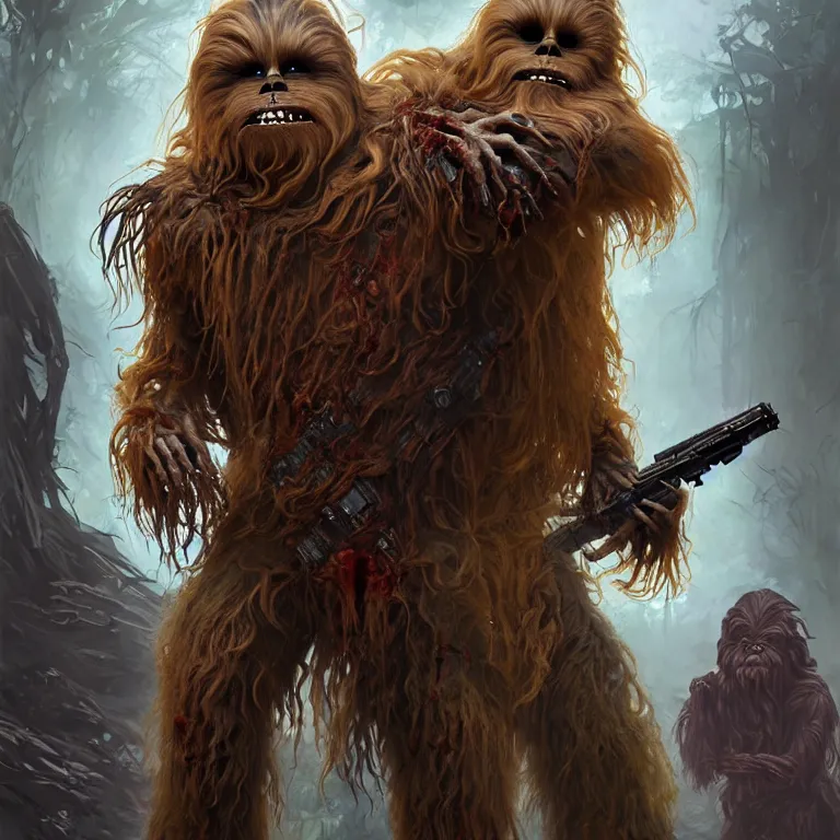 Prompt: scary horrific zombie chewbacca and wookies on the planet kashyyyk, dark star wars fantasy, body horror, sores and scars, undead. highly detailed, biopunk, digital painting, by greg rutkowski, artgerm and alphonse mucha