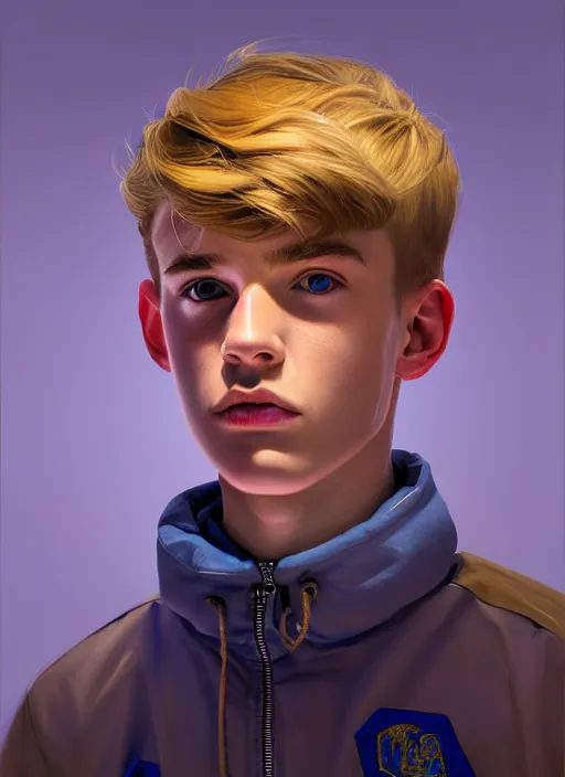 Image similar to portrait of a teenage boy named moose mason, blonde short hair, jock, beefy, square jaw, square facial structure, 1 9 5 0 s, blue varsity jacket, intricate, elegant, glowing lights, highly detailed, digital painting, artstation, concept art, smooth, sharp focus, illustration, art by wlop, mars ravelo and greg rutkowski