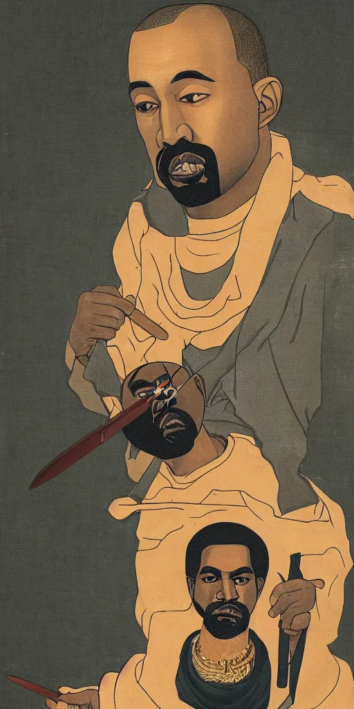 Image similar to a portrait of kanye west with sinister eyes holding a knife with blood on it, ukio-e style, hieronymus bosch and beeple, symmetrical