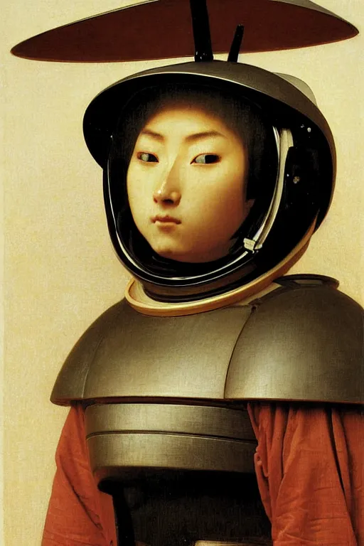 Image similar to portrait of a astronaut in samurai helmets, by bouguereau