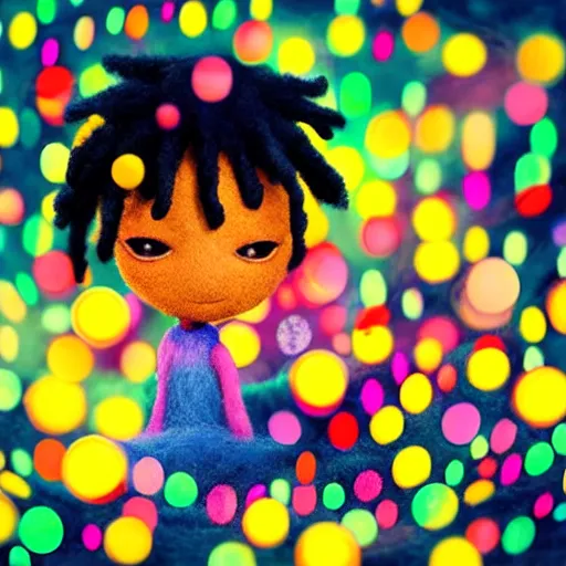 Image similar to a black girl with a colorful dreadloks, in a candy forest! at night, bokeh, bright colours, watercolor, volumetric wool felting, macro photography, children illustration, by goro fujita