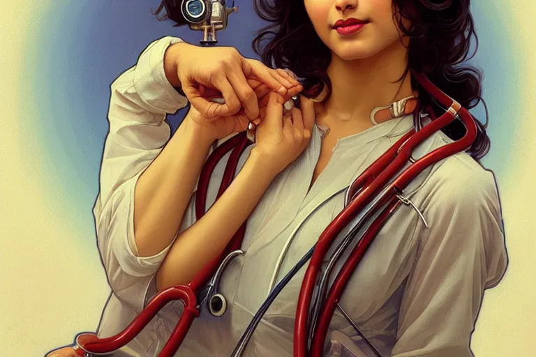 Image similar to sensual pale beautiful indian doctor in jeans with stethoscope, art deco portrait, elegant, intricate, digital painting, artstation, concept art, smooth, sharp focus, illustration, art by artgerm and greg rutkowski and alphonse mucha