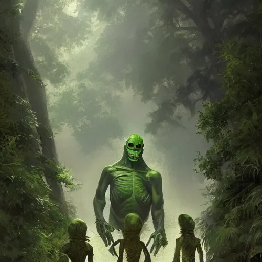 Image similar to A family portrait at the zoo of a sasquatch, a human lizard, a green alien and a skeleton, photorealistic style, artstation, Greg rutkowski, digital Art,