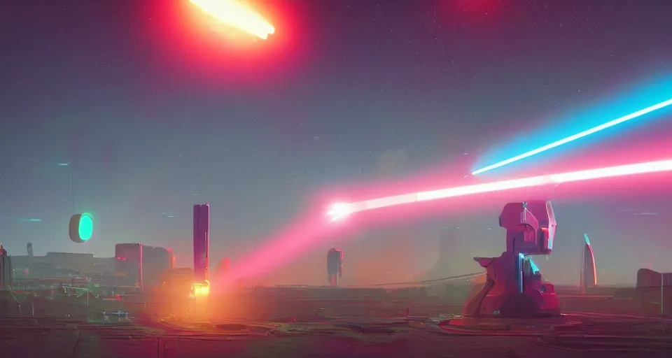 Prompt: Low orbital laser cannon shooting a neon beam down on the landscape, neon laser cannon, cinematic, rendered by simon stålenhag, rendered by Beeple, Makoto Shinkai, syd meade, star wars, inspired by Gundam, environment concept, digital art, unreal engine, 3 point perspective, WLOP, trending on artstation, low level, 4K UHD image, octane render,