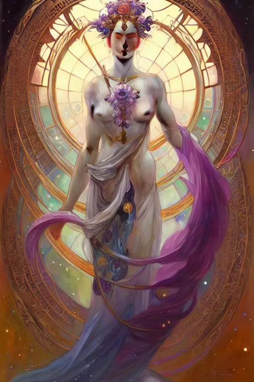 Prompt: Full view realistic ethereal stunning Celestial Goddess of cosmic nebula in a beautiful dress, 4k digital painting masterpiece by Mandy Jurgens and Ruan Jia, ornate Iconography background in the style of Alphonse Mucha, tarot card, amazing, magnificent, mystical, Hyperdetailed, award winning art, Ross Tran, wlop, Artgerm, Craig Mullins, detailed and realistic, soft lighting, intricate details, realistic, full view, Artstation, CGsociety