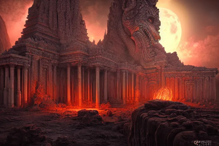 Prompt: beautiful hyperrealistic hyperdetailed epic hdr 3 d render by octane of the mysterious intricate ruins of a temple from an advanced alien starwars civilization under the crescent moon with rimlight with rivers of molten lava by alejandro burdisio and george ines, dramatic lighting