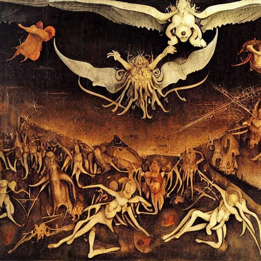 Prompt: vision of hell with winged demons flying over the flames art by : hieronymus bosch, albrecht durer hans memling leonardo da vinci francisco goya pieter bruegel the elder jan van eyck