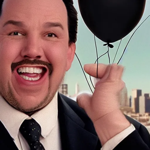Image similar to clean-shaven Jon Favreau as Happy Hogan wearing a black suit and black necktie holding onto a bunch of helium balloons as he floats high above a city with a frightened expression on his face