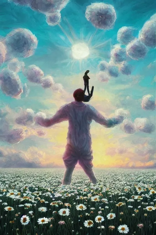 Image similar to giant white daisy flower as head, man dancing in a flower field, surreal photography, sunrise, dramatic light, impressionist painting, colorful clouds, digital painting, artstation, simon stalenhag