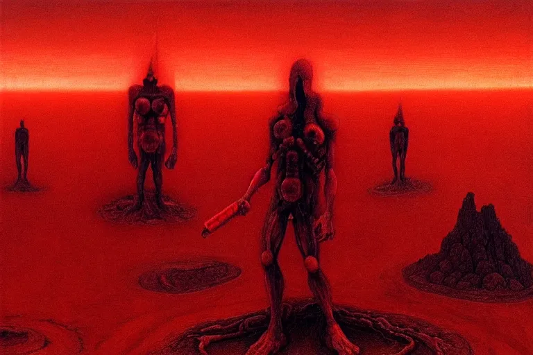 Image similar to only with red, a red god of death eat apple, a futuristic city on mars in background, floor are worms, in the style of beksinski, part by hopper, part by rodcenko, part by hofbauer, intricate composition, red by caravaggio, insanely quality, highly detailed, masterpiece, red light, artstation