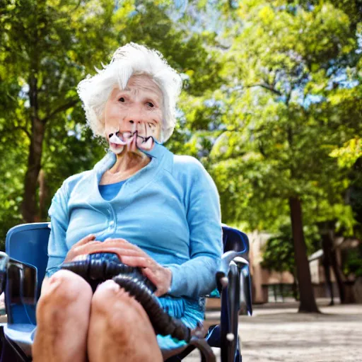 Image similar to an older woman sitting in a park using an oxygen tank. the oxygen tubing is attached to her nose, 4 k,