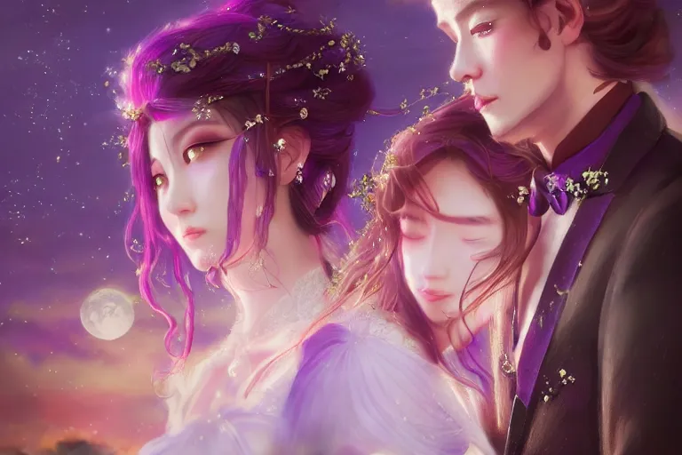 Image similar to a dreamlike cinematic portrait of wedding photograph jpeg close up moment of a divine a japan sun god and moon goddess lovers magician at a wedding banquet. portraiture. digital painting. artstation. concept art. fantasy wedding photo. digital painting, 8 k realistic, hyper detailed, violet evergarden art masterpiece by art by krenz cushart