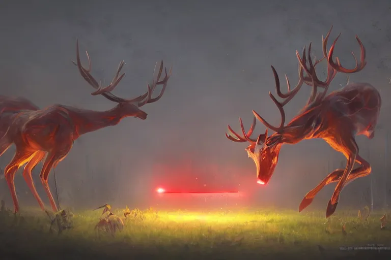 Image similar to nature being invaded by huge smoking war machines which emit a red light as deer are running away, made by stanley artgerm lau, wlop, rossdraws, artstation, cgsociety, concept art, cgsociety, octane render, trending on artstation, artstationhd, artstationhq, unreal engine, 4 k, 8 k,