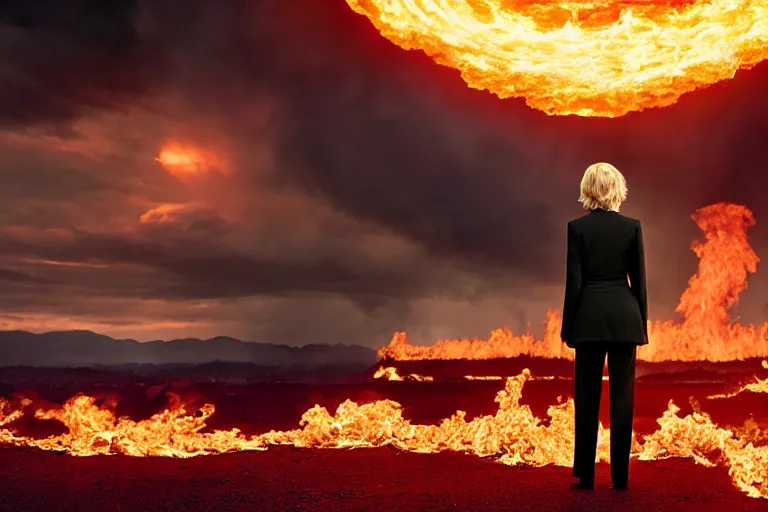 Prompt: a moody photograph of a confident caucasian woman in her 6 0's with short blonde hair wearing a tailored yellow suit standing against a backdrop of the planet earth engulfed in flames. photograph by annie leibowitz, cinematic lighting, sci fi, futuristic