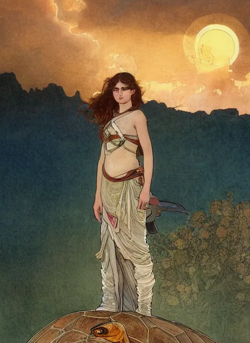 Image similar to a little warrior girl standing on top of one giant turtle in the desert. the girl has dark skin and beautiful green eyes, realistic full body and a very beautiful detailed symmetrical face with long black hair. diffuse light, dramatic sky and landscape, extreme long shot fantasy illustration by mucha