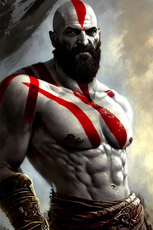 Image similar to god of war kratos half body detailed portrait dnd, painting, brush strokes by gaston bussiere, craig mullins, greg rutkowski, yoji shinkawa