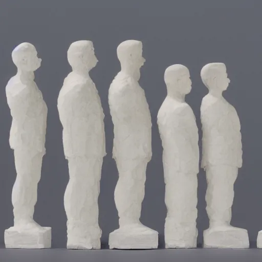 Prompt: a line of white stone male statures lined up, oil paint, volume light